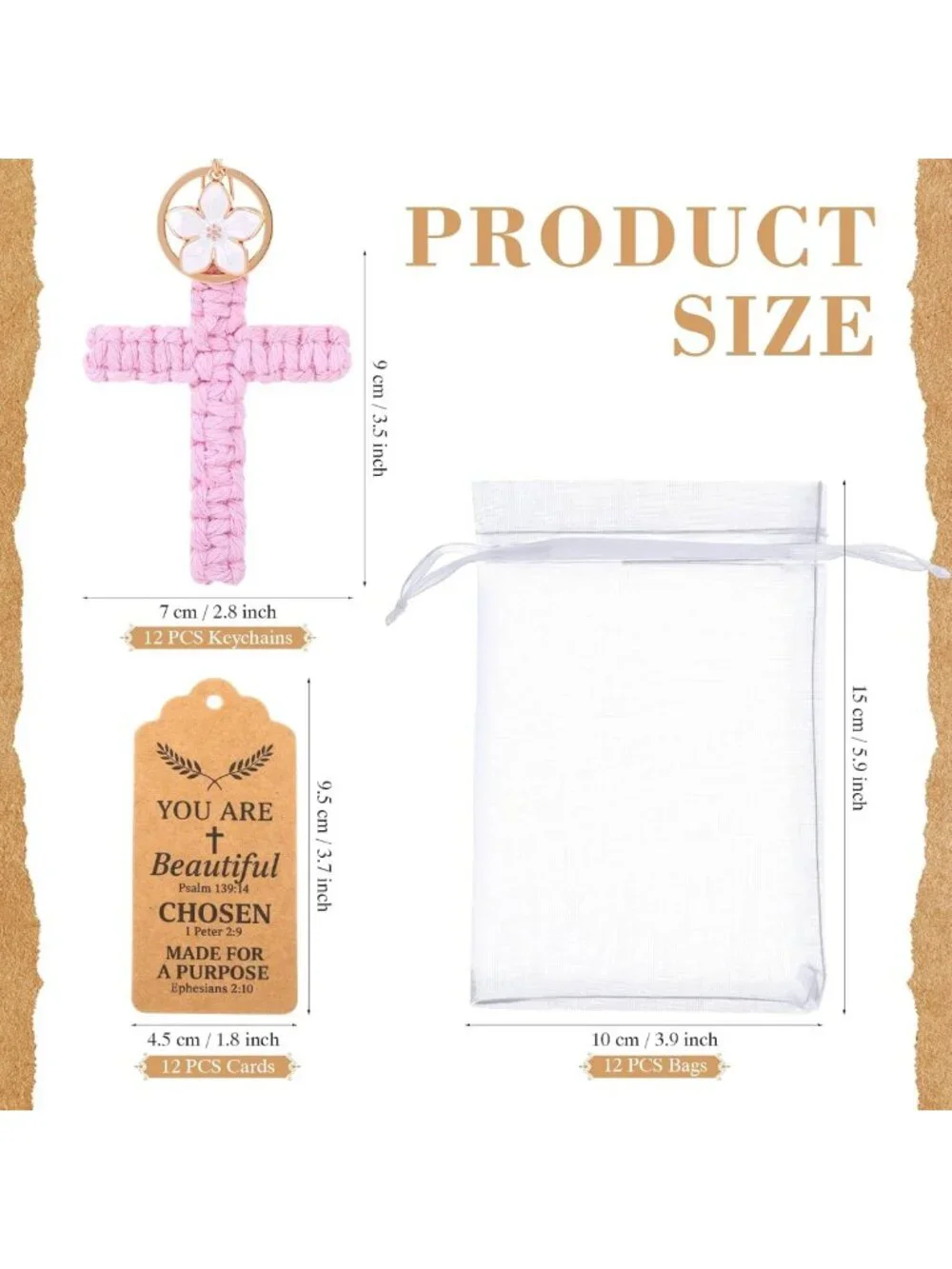 12 Macrame Cross Keychains Set with Inspirational Cards & Flower Charm - Boho